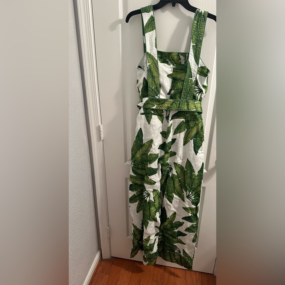 FARM Rio Tropical Green Leaf Jumpsuit, Palm Fan Linen Wide-Leg Has 2 side pocket - Picture 8 of 12